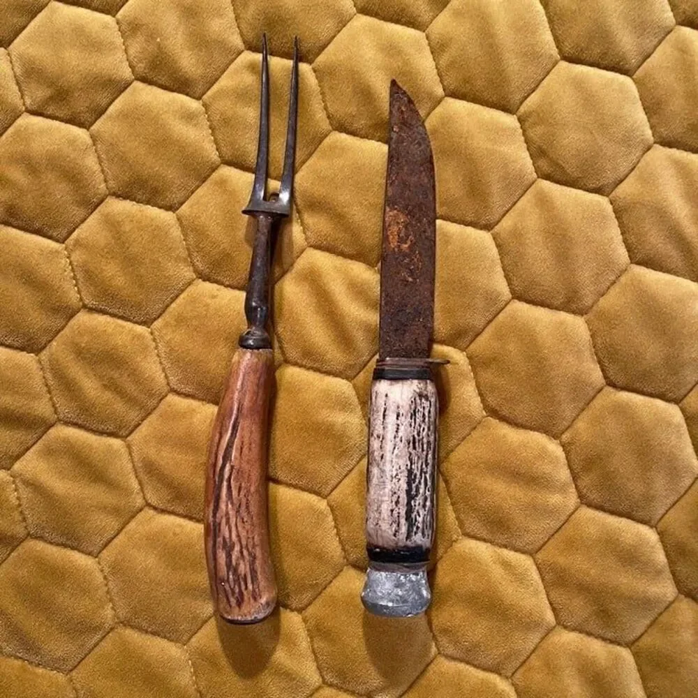 Vintage antler handled carving fork and knife